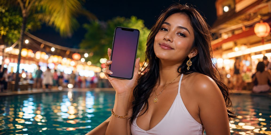 Pengguna mengakses kasino mobile di malam hari lewat smartphone di pasar malam